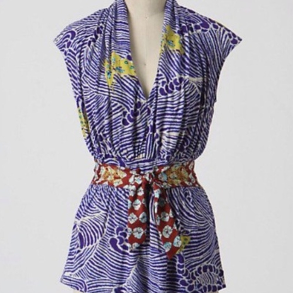 Anthropologie Print Tie Front Top Sz S